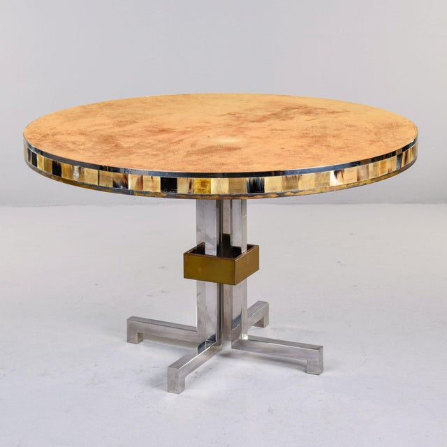 Unusual French Mid Century Suede-Topped Table With Chrome Base & Mosaic Sides For Sale - Image 9 of 12