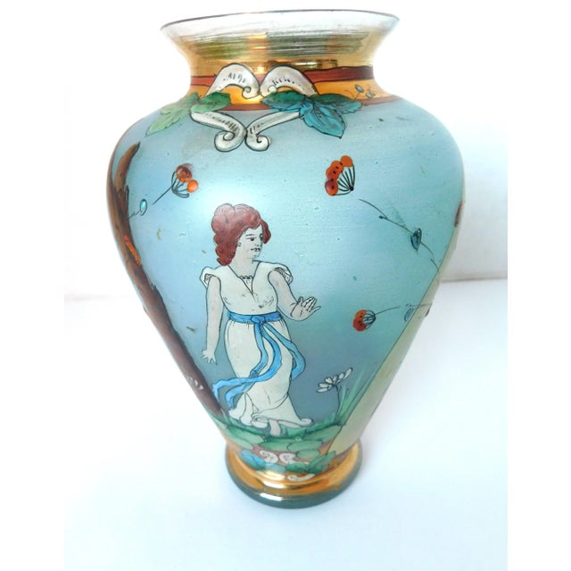 Beautiful One of a Kind Art Nouveau Period Blue Frosted Art Glass Vase with Art Nouveau Woman, gold leafing border top and...