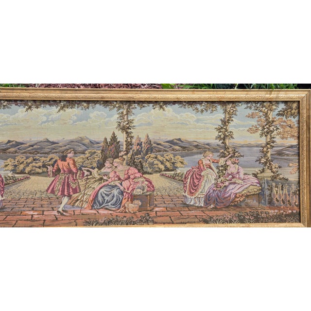 Wood Large Vintage Framed European Hand Crafted Rococo-Style Needlepoint Tapestry Wall Hanging – Romantic Garden Scene For Sale - Image 7 of 18