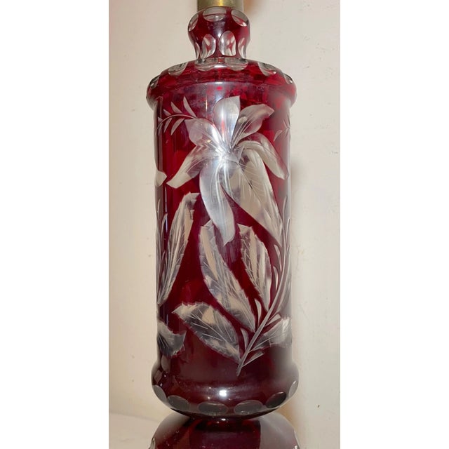 Boho Chic 1960s Large Vintage Cut to Clear Bohemian Czech Cranberry Glass Crystal Table Lamp For Sale - Image 3 of 9