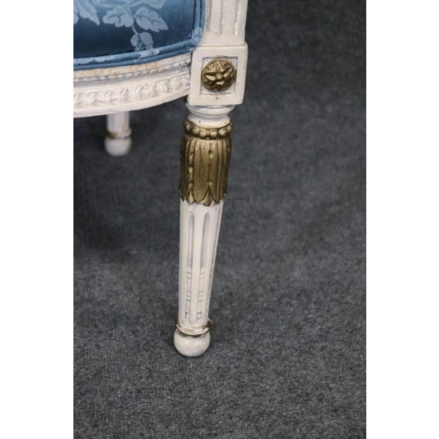 French Carved Painted and Gilded Armchairs Blue Silk - A Pair For Sale - Image 9 of 12
