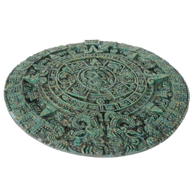 Groovy Mayan, or Aztec, Sun Stone calendar made of crushed malachite, circa 1970's. Zarebski, Christobal Herrera Lozano,...