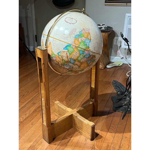 Mid-Century Modern 1960s Mid Century Modern 16 Inch Replogle “World Classic” Full-Swing Meridian Gimbel-Mounted Floor Globe on Architectural Solid Oak Cross-Base Stand For Sale - Image 3 of 12