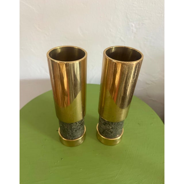 Vintage Mid Century Norwegian candleholders in brass and stone by Saulo. Marked with stickers on underside.