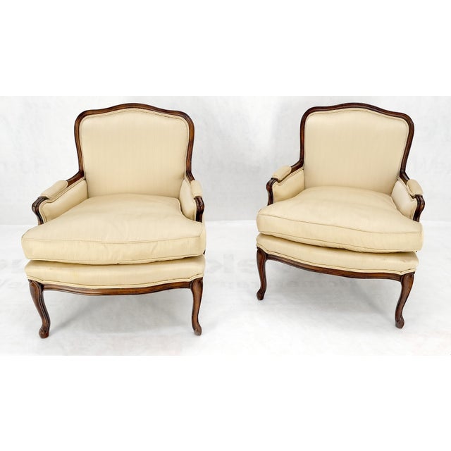 Pair Down Filled Cushions Silk Like Upholstery Carved Legs French Lounge Chairs For Sale - Image 12 of 15