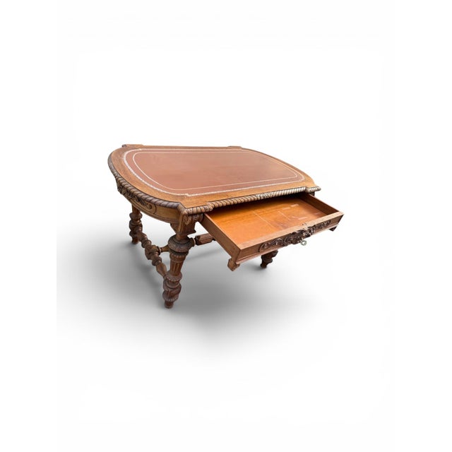 Wood Renaissance Revival Oak Writing Desk With Tooled Leather Top, Late 19th–Early 20th Century For Sale - Image 7 of 18