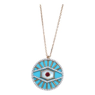 Diamond Halo Evil Eye Turquoise 18k Rose Gold Pendant Charm Medallion Necklace For Sale