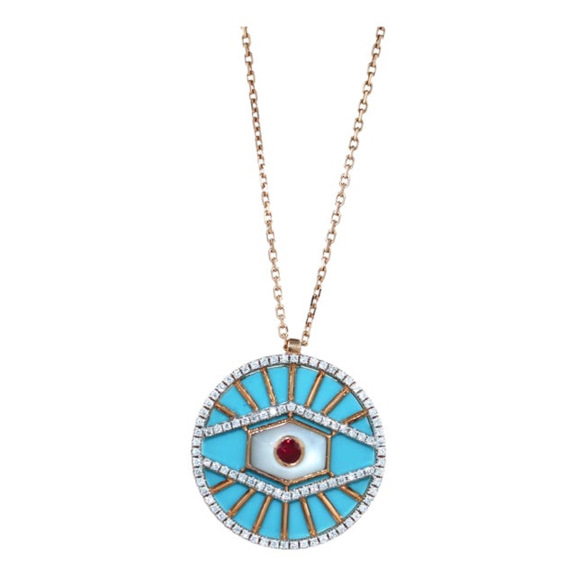 Diamond Halo Evil Eye Turquoise 18k Rose Gold Pendant Charm Medallion Necklace For Sale