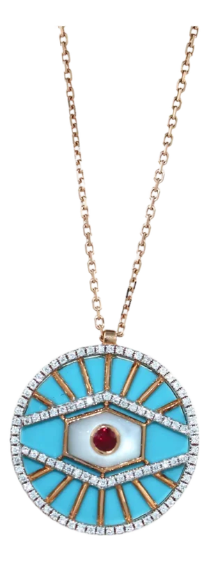 Diamond Halo Evil Eye Turquoise 18k Rose Gold Pendant Charm Medallion Necklace
