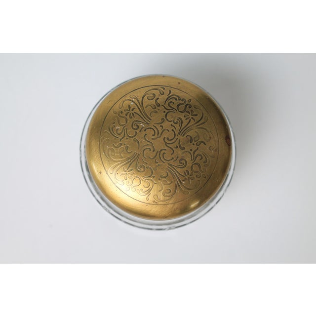 Mid 20th Century Vintage Glass Vanity Jar W/ Etched Brass Lid For Sale - Image 5 of 7
