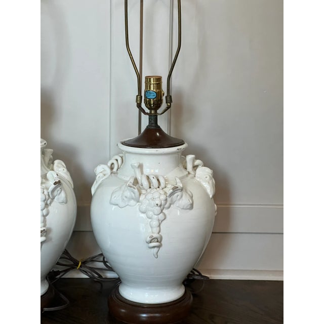 Cream Pair Vintage French Ceramic Cream Glazed Vine Grape Theme Lamps For Sale - Image 8 of 13