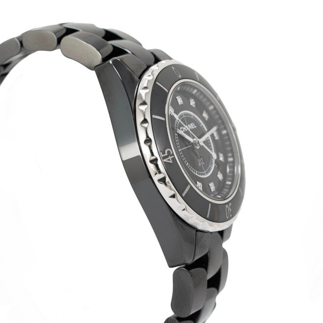 Modern Ladies Chanel J12 Black Ceramic 33mm H1625 Icon 12 Diamond Steel Quartz Watch For Sale - Image 3 of 8