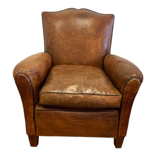 Vintage French Moustache Back Cognac-Colored Leather Club Chair For Sale