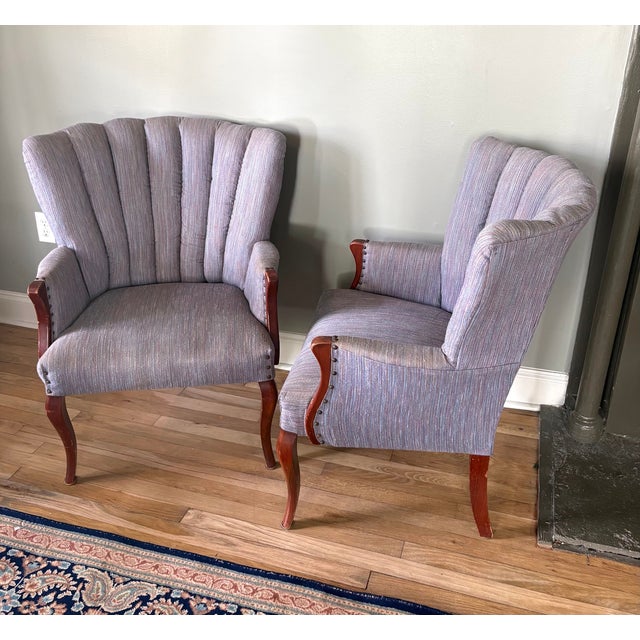 Mid-Century Modern 1960s-70s Grey-Blue Channel Tuft Armchairs W/ Nailhead Detail For Sale - Image 3 of 5