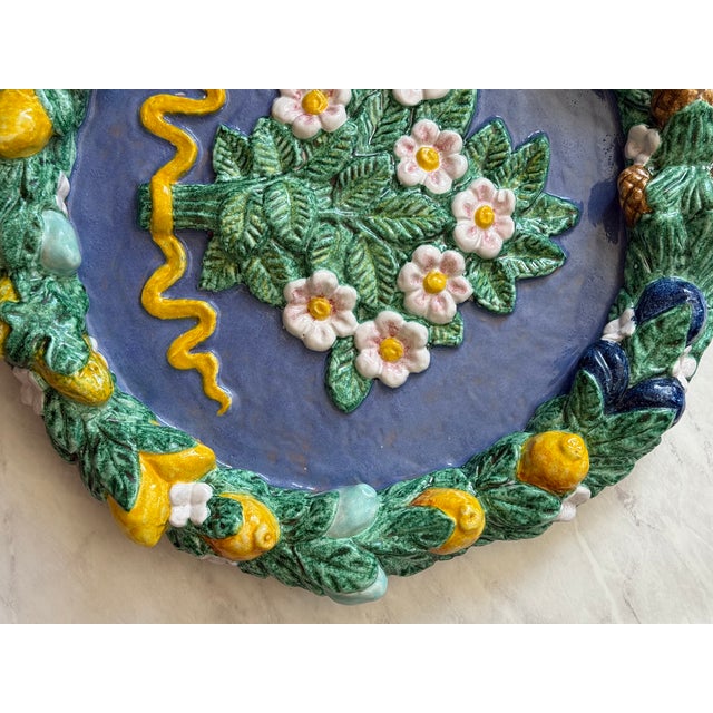 Ceramic Large Vintage Italian Majolica Della Robbia-Style Fruit Garland Wall Charger, Floral Center, Marked Italy For Sale - Image 7 of 14