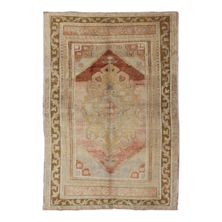 Vintage Turkish Oushak With Large Central Medallion in Cream, Yellow, Brown and Red 3'7"x5'8" For Sale