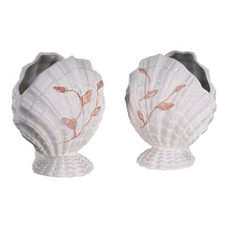 Vintage 1960's Italian White Ceramic Scallop Shell Cache Pots - A Pair For Sale