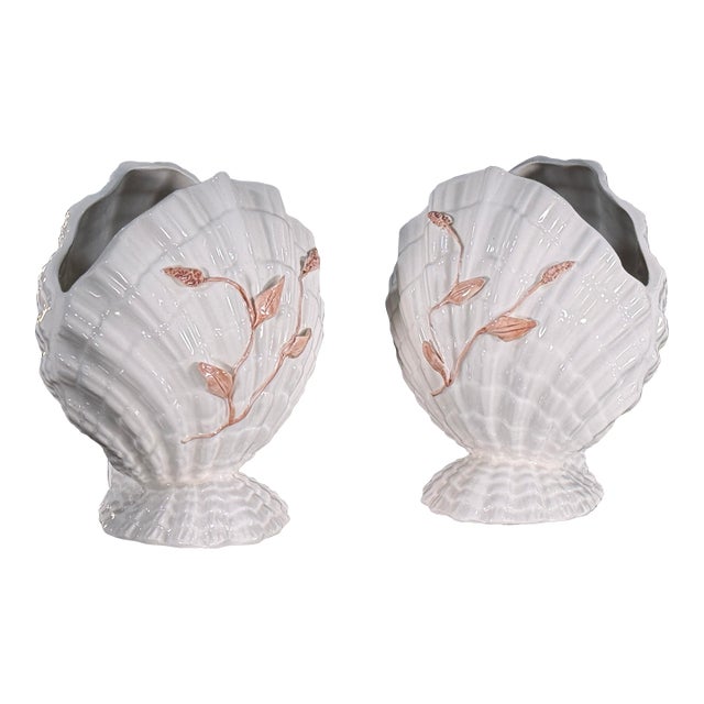 Vintage 1960's Italian White Ceramic Scallop Shell Cache Pots - A Pair For Sale