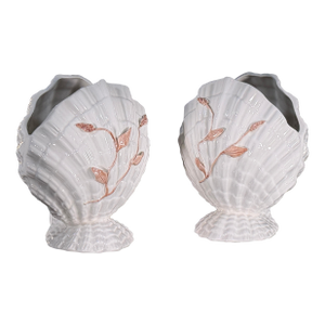 Vintage 1960's Italian White Ceramic Scallop Shell Cache Pots - A Pair