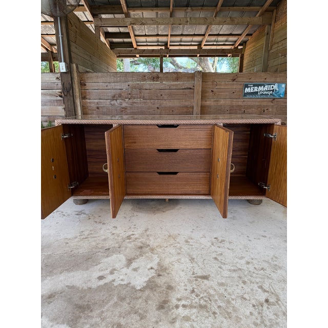 Vintage Coastal Regency Handwoven Rattan Sideboard With Elephant Head Pulls For Sale - Image 9 of 12