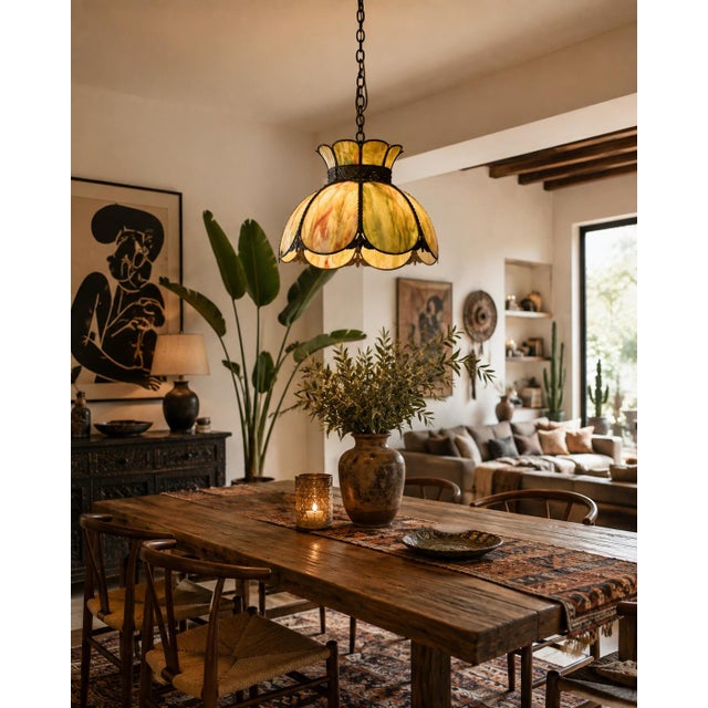Antique Avocado Ceiling Light Shade With Slag Glass and Bronze Bands For Sale - Image 4 of 18