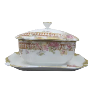 Haviland Limoges Pink & Yellow Flower Gold Trim Mustard Condiment Pot Sugar Bowl
