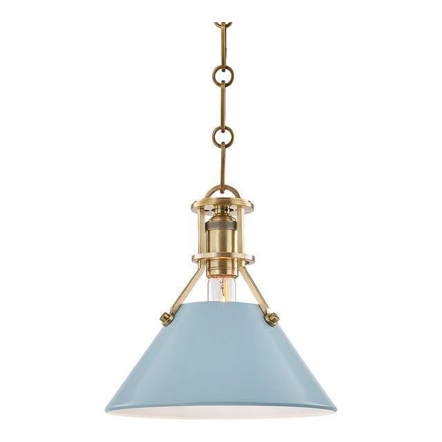 Hudson Valley Lighting Mark D. Sikes Painted No.2 1-Light Small Pendant, Aged Brass/Blue Bird For Sale