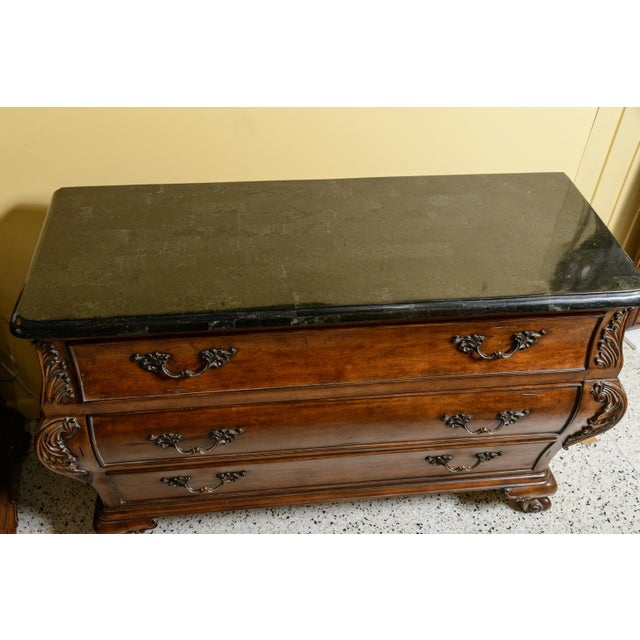 French 1990s Simulated Black Marble Top Chests-Three Drawer Bombe Style-Pair For Sale - Image 3 of 11
