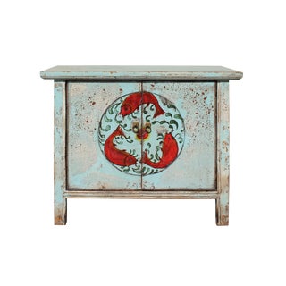 Chinese Distressed Light Pale Blue Fishes Graphic Table Cabinet For Sale