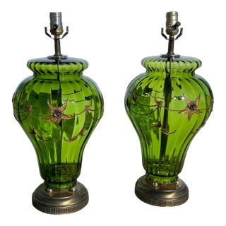 Carl Falkenstein Hollywood Regency Mid-Century Modern Green Glass Lamps - a Pair For Sale