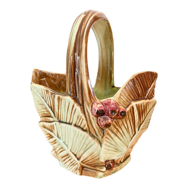1940s Mid-Century Authentic McCoy Ceramic Leaves & Berries Basket Planter For Sale