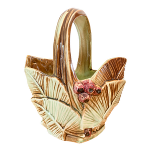 1940s Mid-Century Authentic McCoy Ceramic Leaves & Berries Basket Planter
