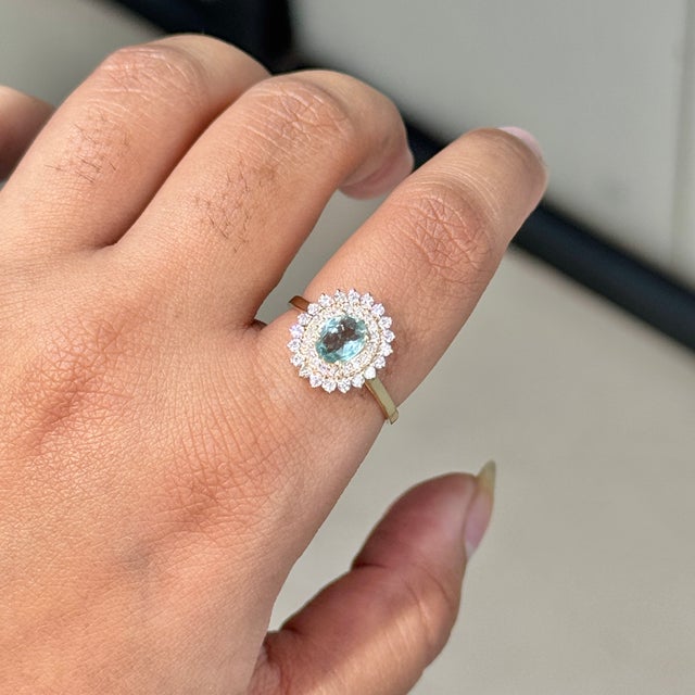 Art Deco 14k Yellow Gold 1.18 Ct Oval Paraiba Tourmaline & Diamond Double Halo Ring Size 8 For Sale - Image 3 of 18