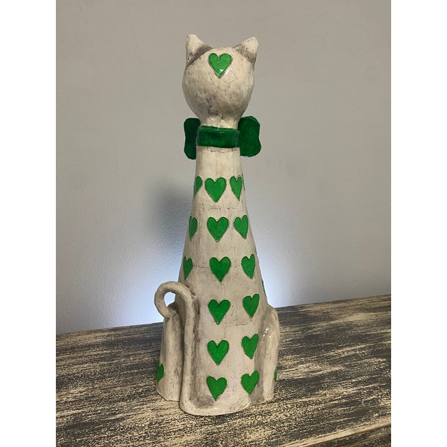Late 20th Century Vintage Jeanne Valentine–Attributed Cream and Green Papier-Mâché Cat Sculpture For Sale - Image 5 of 9