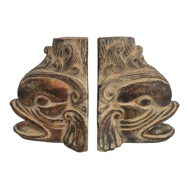 Carved Large Vintage Koi Fish Bronze Gold Rustic Bookends- a Pair For Sale