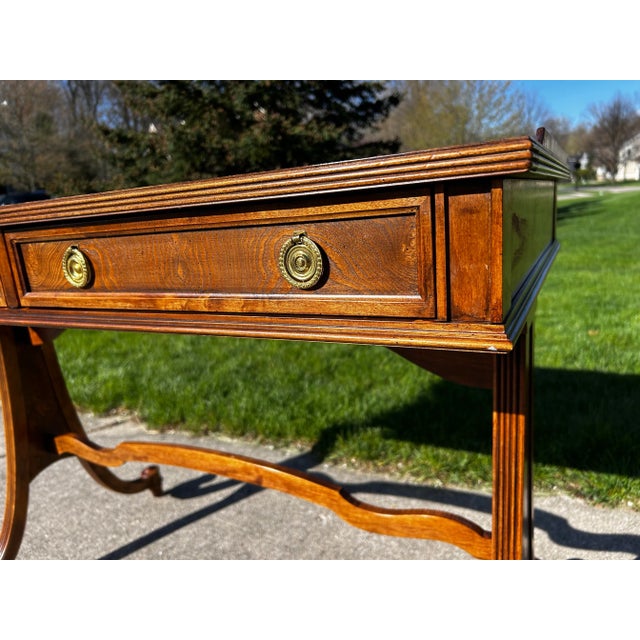 Vintage Mounted Walnut Writing Desk Attributed to Baker Furniture - Original Brass Accents For Sale - Image 10 of 11