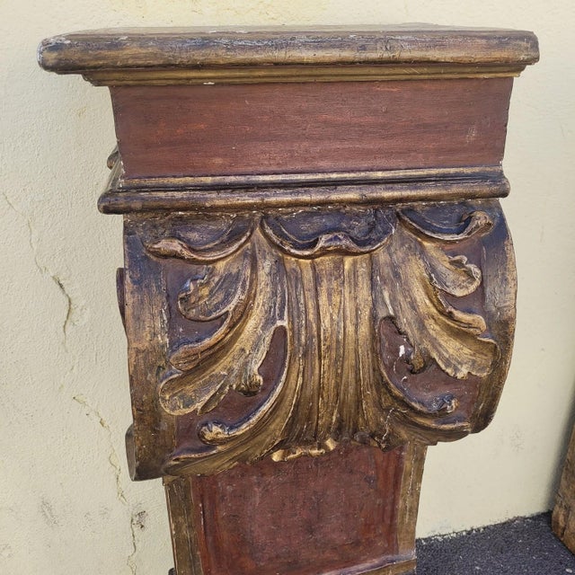 17th Century Italian Baroque Carved, Painted and Gilded Wood Wall Brackets, Set of 2 For Sale - Image 6 of 18