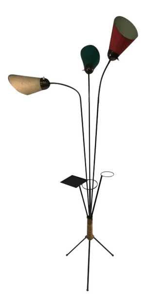 Tri Color 1950s Italian Modernist Black Iron, Brass, and Rope Tripod Floor Lamp