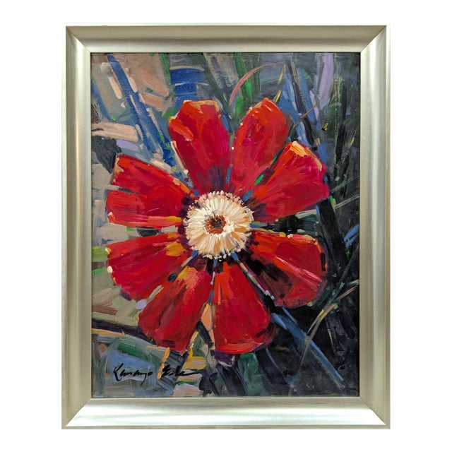 Original Framed Red Flower Painting on Canvas. High Gloss. For Sale