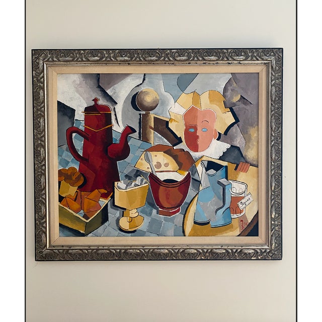 French 1990s Large Original Signed Oil Painting — Post-Cubist Figural Still Life — Ornate Silver Frame For Sale - Image 3 of 8