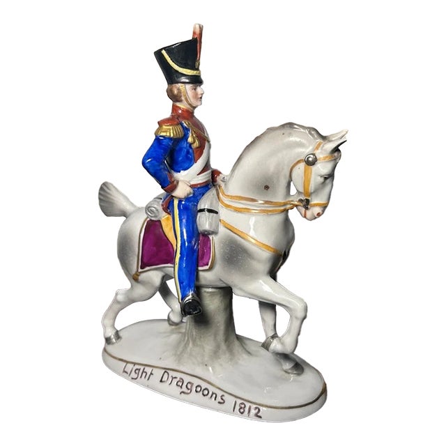 1918-1920 German Sitzendorf Porcelain Light Dragoons 1812 Military Officer on Horseback Figurine For Sale