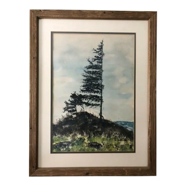 1960s Vintage Landscape Painting, Evergreens, Framed For Sale