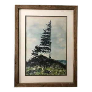 1960s Vintage Landscape Painting, Evergreens, Framed