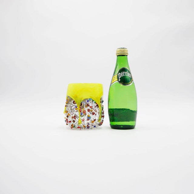 Millefiori Glass Tumbler, Dimpled Crumpled Glass Beaker, Light Yellow For Sale - Image 4 of 4