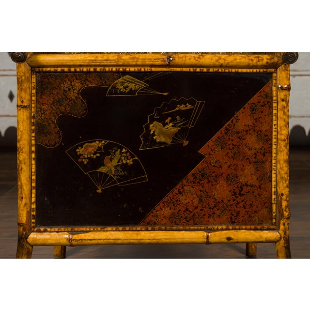English 1900s Bamboo Leather Canterbury Magazine Rack with Chinoiserie Motifs For Sale - Image 11 of 12