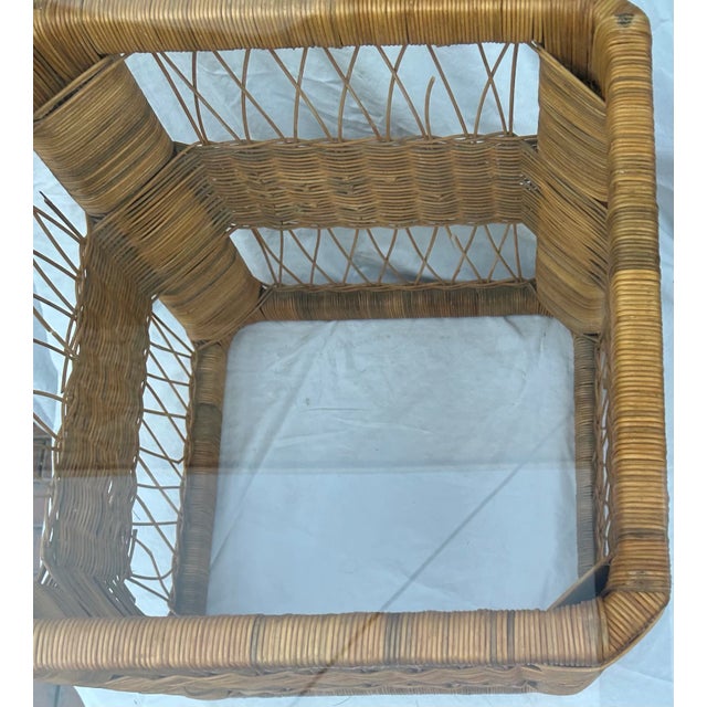 1970’s Woven Wicker Natural RattanTable With Glass Top For Sale - Image 4 of 12