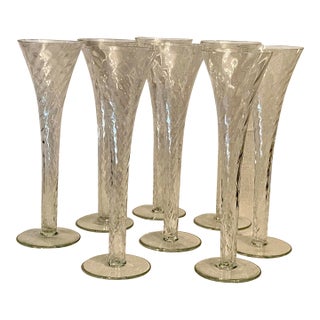 Champagne Flutes Hollow Stem Blown Glass Romanian - Set of 8 For Sale