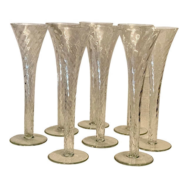 Vintage Hollow Stem Blown Glass Romanian Tall Champagne Flutes - Set of 8 For Sale