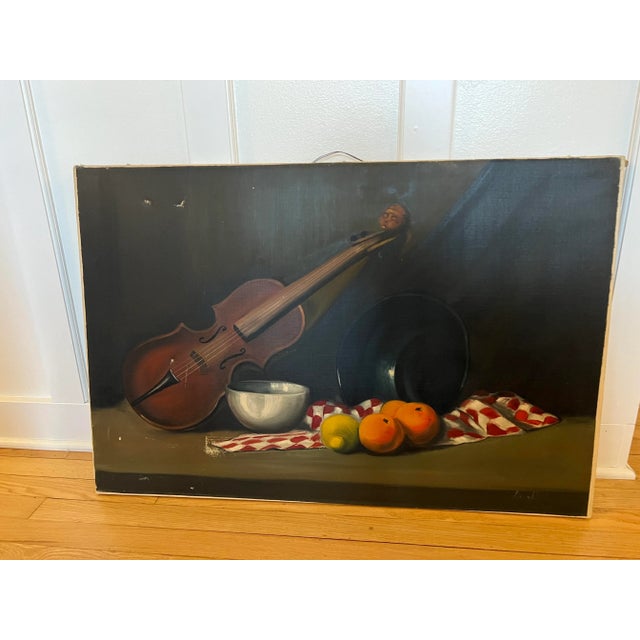 Vintage Still Life Painting on Canvas. Unframed. Dark, black background. Fruit, checkered cloth and violin with carved...