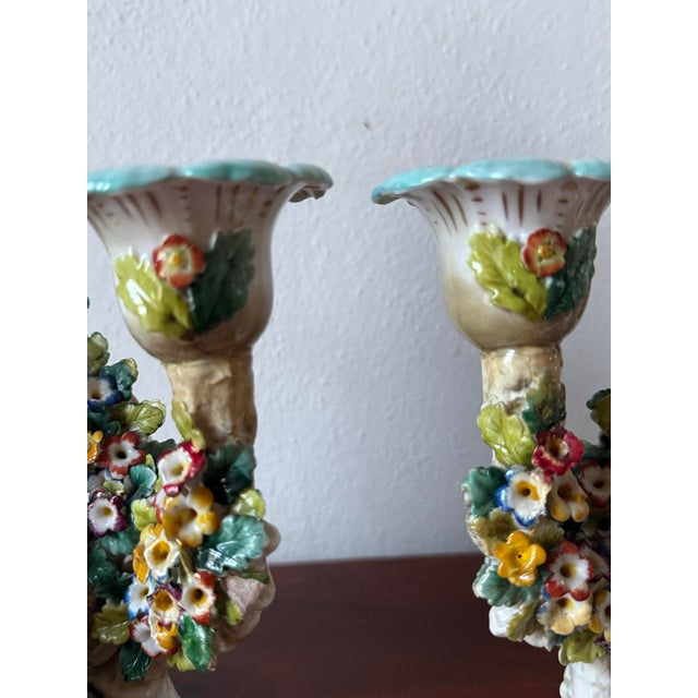 Rococo Antique German Brocage 18th Century Floral Pastoral Porcelain Seated Musician Candelabra Pair by Hoechst (Hochst) For Sale - Image 3 of 12